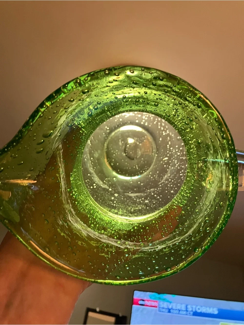 Crate and Barrel Hand Blown Green Glass Bubble Cocktail Water Pitcher
